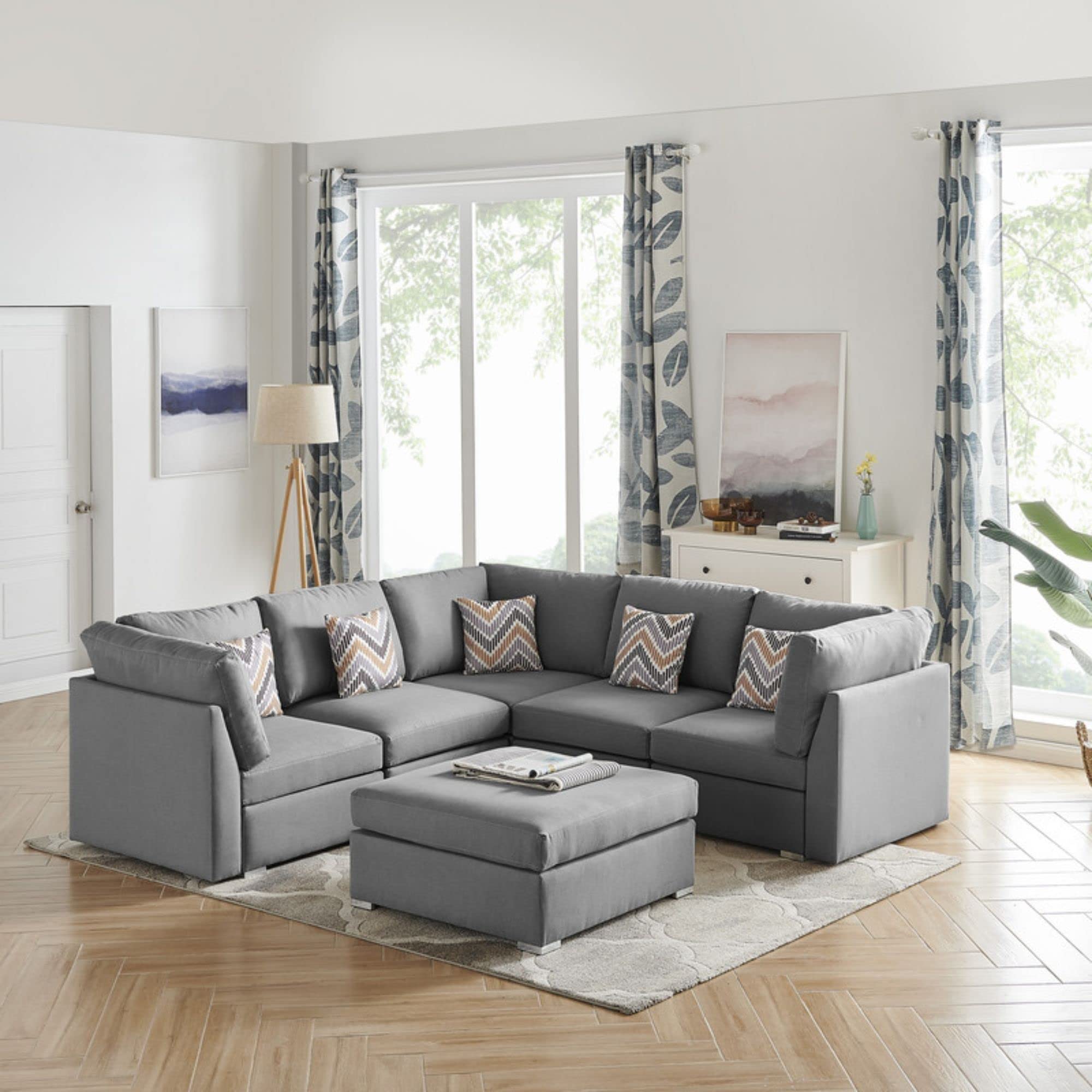 Lilola Home Amira Gray Fabric Reversible Sectional Sofa with Ottoman and Pillows